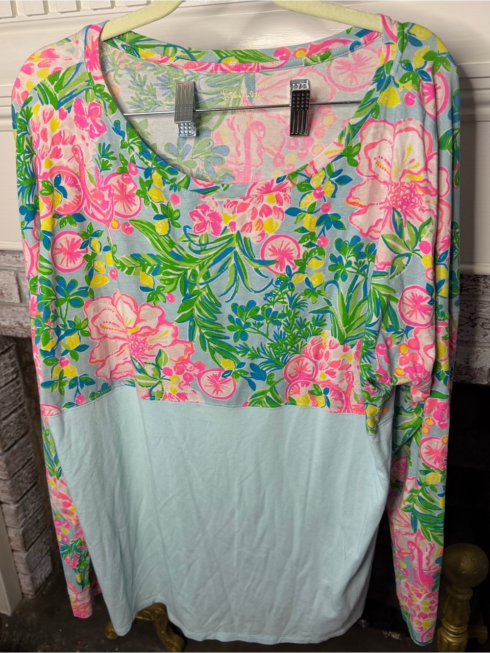 Lilly Pulitzer Pink & Aqua Floral Long Sleeve Finn Top Colorful Bright